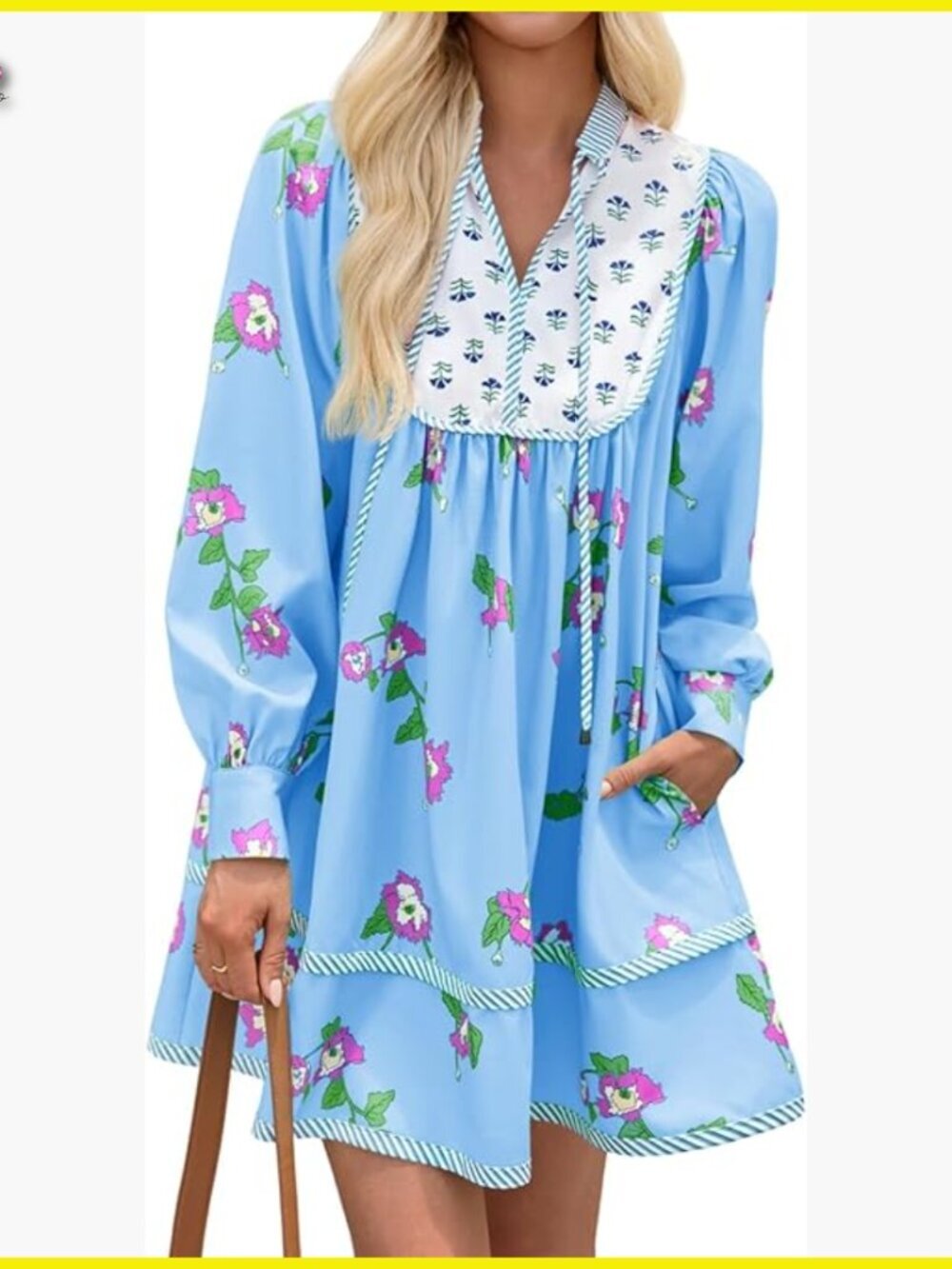 Floral Mini Dress Long Sleeve V Neck Patchwork Loose Boho Casual